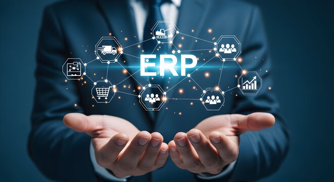 Businessman presents erp solutions with connected icons representing business processes and data management for enterprise resource planning and digital transformation strategy