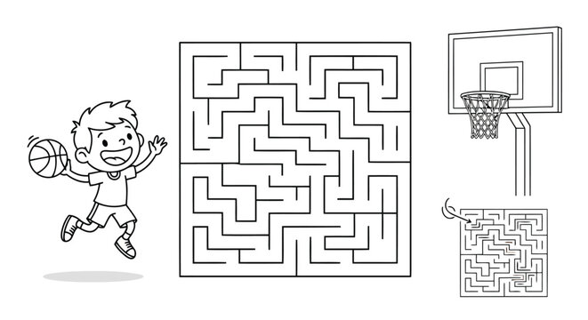 Happy cartoon boy with basketball next to maze puzzles and basketball hoop, black and white line art