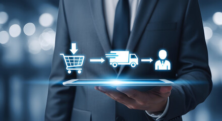 Businessman presents ecommerce logistics flow on a tablet showcasing online shopping delivery truck and customer icon representing supply chain management and digital retail solutions for business gro
