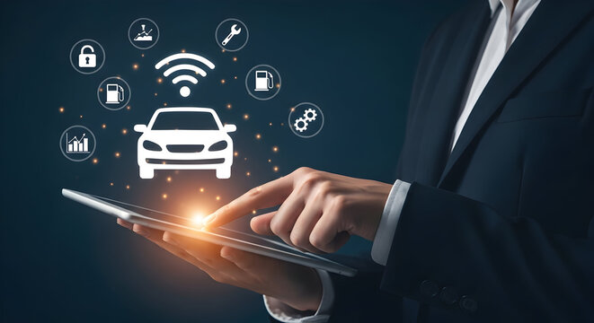 Businessman interacts with a digital tablet displaying a connected car interface with icons representing fuel diagnostics location and security features for automotive technology and innovation