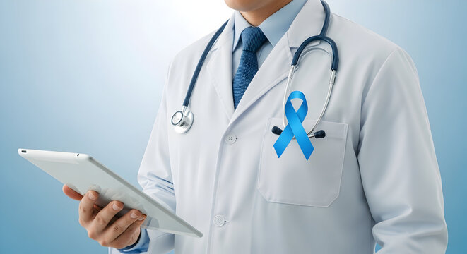 Doctor in white coat with blue ribbon holding tablet for medical consultation and healthcare awareness promoting prostate cancer awareness and men's health initiatives in hospital setting