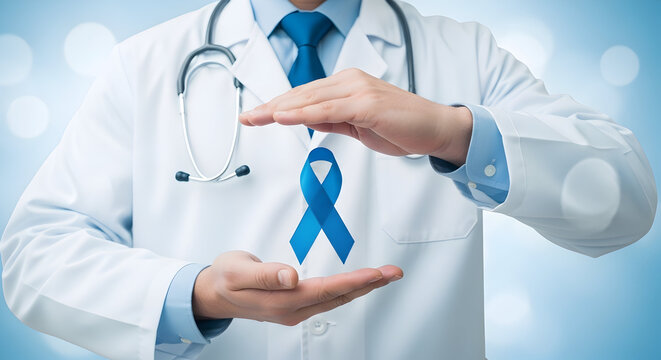 Doctor in white coat holding a blue ribbon symbolizing prostate cancer awareness and support promoting health and medical research for men's health issues and disease prevention