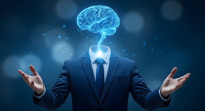 Ai concept featuring a businessman with a digital brain representing artificial intelligence innovation technology and the future of business with a modern and futuristic design