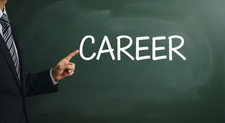 Professional points to career written on a chalkboard emphasizing job growth and opportunities for advancement in business and personal development with chalkboard background