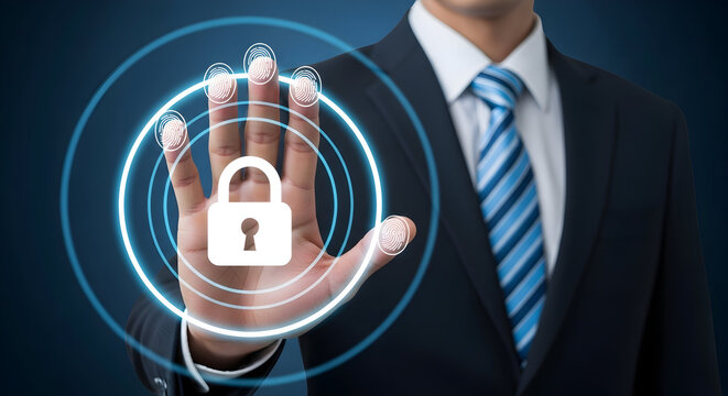 Businessman uses biometric fingerprint scan for security access with a digital padlock emphasizing cybersecurity and data protection in a modern corporate environment for secure systems