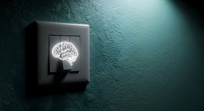 Brain power concept featuring a light switch with a glowing brain icon on a textured wall symbolizing intelligence ideas and mental energy in a modern and minimalist design setting