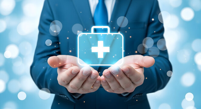Man in suit presents a glowing medical kit icon symbolizing healthcare insurance and wellness solutions with a modern digital aesthetic for health and business applications