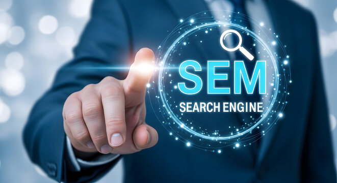 Businessman touches sem search engine marketing interface with magnifying glass for seo optimization and digital strategy in online advertising and business growth solutions