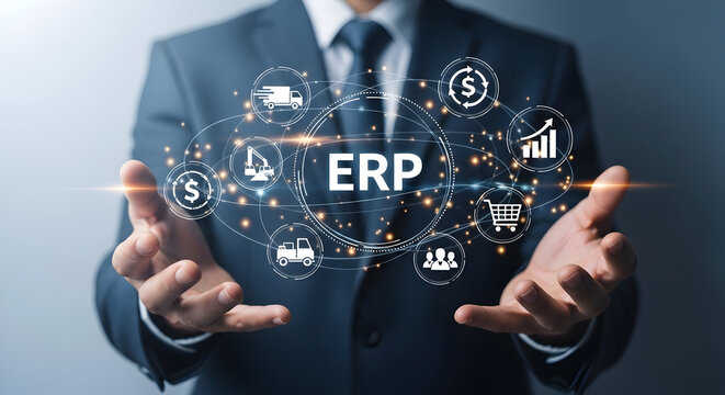 Businessman presenting enterprise resource planning (erp) solutions with logistics finance and business management icons showcasing technology and digital transformation for modern businesses