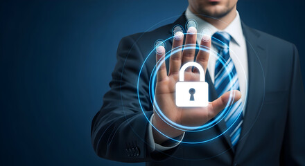 Businessman in suit with digital security padlock and fingerprint scan overlay representing cybersecurity data protection and secure access on a dark blue background