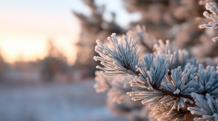 Frozen pine needles glistening with frost, creating a beautiful winter nature scene with warm golden sunlight and copy space