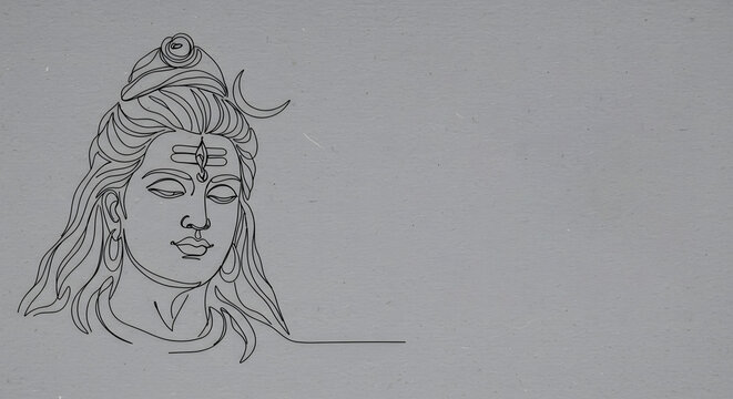 Minimalist Line Art of Hindu God Shiva with Abstract Text on Gray Background
