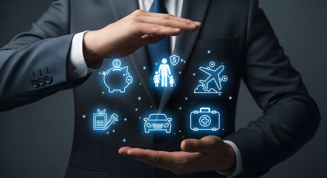 Businessman presents insurance coverage options including family travel health car home and savings with digital icons floating above his hands in a modern corporate setting representing protection - Powered by Adobe