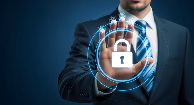 Businessman in suit with digital security padlock and fingerprint scan overlay representing cybersecurity data protection and secure access on a dark blue background - Powered by Adobe