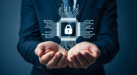 Man in suit holding a digital chip with a padlock representing cybersecurity and data protection in the digital age emphasizing the importance of online safety and secure technology