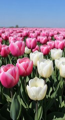 Pink and White Tulips Blooming in a Field Under a Blue Sky.