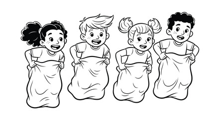 Four happy children in sack race competition, smiling and excited, cartoon illustration