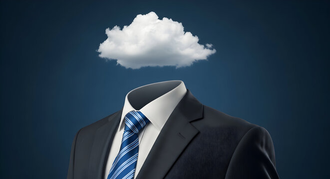 Conceptual representation of cloud computing with a headless businessman wearing a suit and tie under a fluffy white cloud against a dark blue background symbolizing data storage and innovation - Powered by Adobe