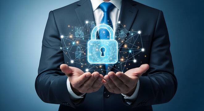 Businessman presents digital security padlock symbolizing data protection and network safety showcasing cybersecurity solutions for business and personal data privacy in the digital age