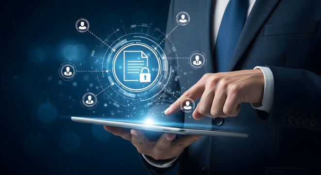 Businessman uses a tablet for secure document management and data protection showcasing cybersecurity and digital transformation with user access control and encryption technologies
