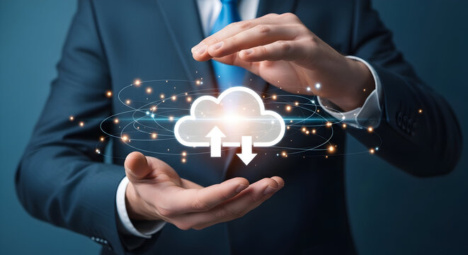Businessman presents cloud computing technology with glowing network connections showcasing data transfer and digital transformation in a modern business environment for innovative solutions