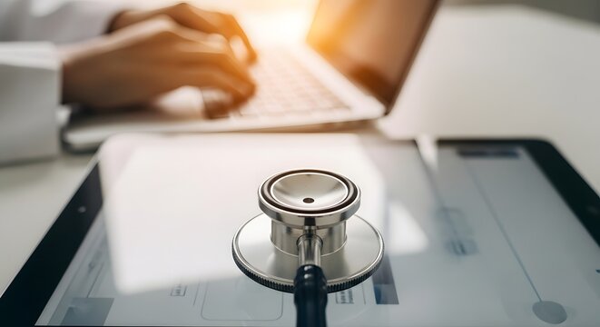 Doctor Using Laptop and Tablet with Stethoscope in Foreground.