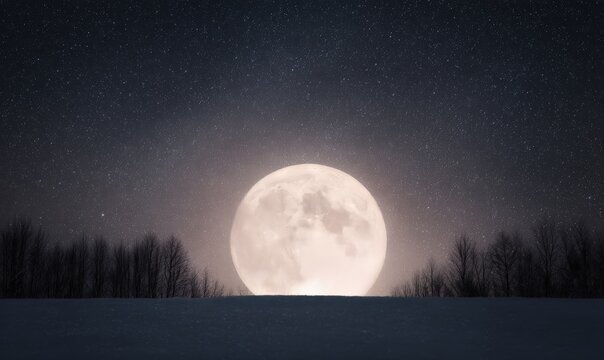Full moon rising over a snowy winter field with bare tree silhouettes, creating a mystical night landscape