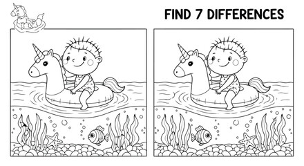 Find the seven differences puzzle with unicorn and boy riding in ocean scene