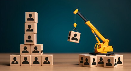 Crane lifting a block with a person icon to build a team hierarchy representing recruitment human resources and organizational structure with wooden blocks on a wooden surface against a blue backgroun