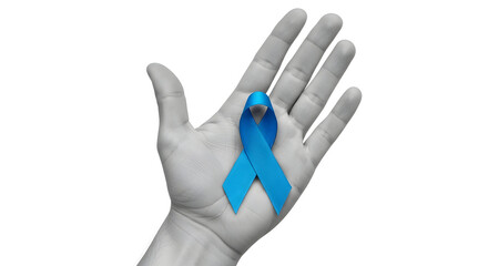 Hand holding a light blue ribbon symbolizing prostate cancer awareness and support for men's health initiatives on a clean white background for medical campaigns and charitable causes