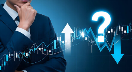 Pensive businessman contemplates market trends with upward and downward arrows a question mark and stock market charts in a financial analysis and investment strategy concept on a blue background