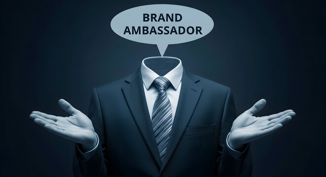 Headless businessman in a suit with open hands presenting brand ambassador concept ideal for marketing and advertising campaigns to promote brand awareness and corporate identity effectively