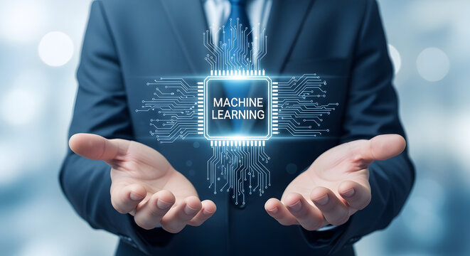 Man in suit presents machine learning concept with digital circuit design showcasing technology artificial intelligence and innovation for business and future applications