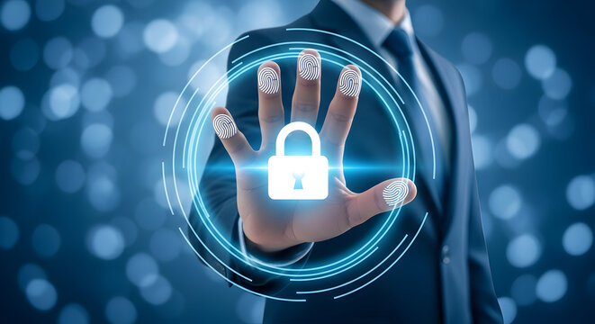 Cybersecurity professional uses biometric authentication with fingerprint scanning and a digital padlock for secure access control and data protection in a modern technology environment - Powered by Adobe