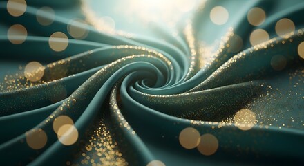 Elegant Teal Fabric Swirl with Golden Glitter and Bokeh Lights.