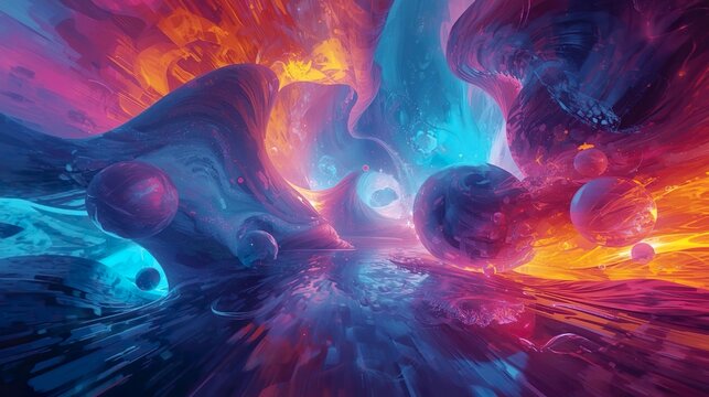 Abstract futuristic digital painting with swirling neon shapes - Powered by Adobe