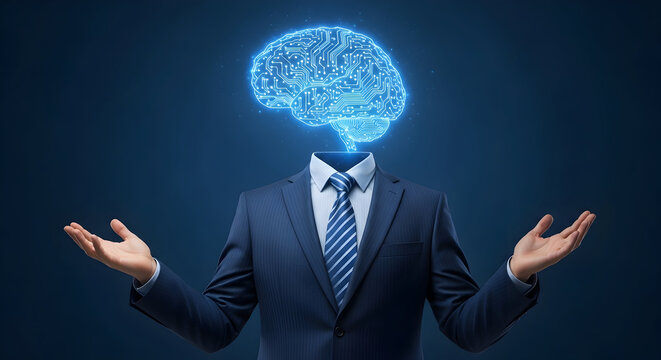 Ai concept featuring a businessman in a suit with a glowing circuit board brain representing artificial intelligence and innovative technology solutions for business and future development