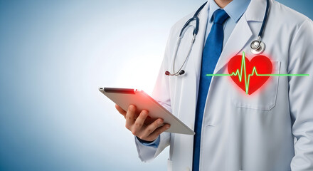 Doctor in white coat holding tablet with heart and ekg graphic overlay showcasing medical technology and healthcare innovation for telemedicine and digital health solutions in modern medicine