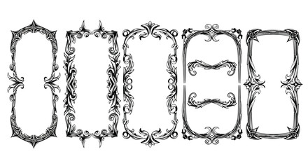 Five ornate black and white picture frames with intricate victorian designs