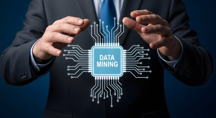Data mining concept presented by a businessman in a suit showcasing technology analytics and digital transformation with a modern professional and innovative approach to business intelligence