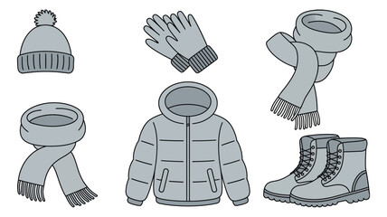 Hand-drawn vector set of winter clothing and accessories, including jackets, scarves, gloves, boots, and hats. Perfect for cold weather illustrations, seasonal fashion, and outdoor activity graphics