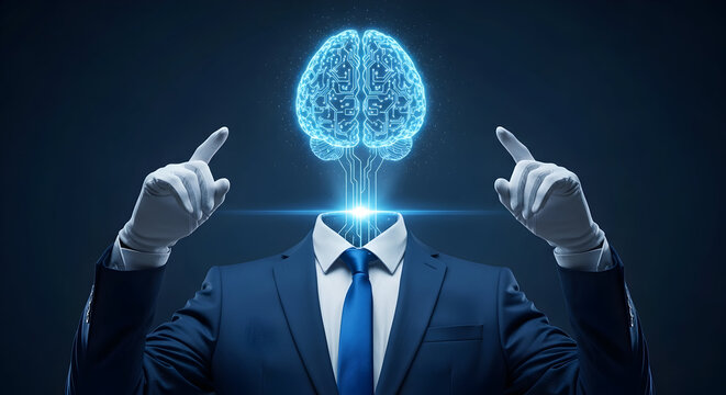 Futuristic ai concept featuring a businessman in a suit with a glowing brain and pointing fingers against a dark background symbolizing artificial intelligence and innovative technology solutions