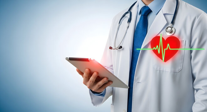 Doctor in white coat holding tablet with heart and ekg graphic overlay showcasing medical technology and healthcare innovation for telemedicine and digital health solutions in modern medicine