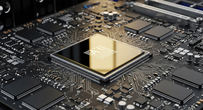Ai microprocessor on circuit board processing data - Powered by Adobe