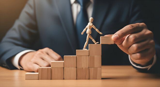 Wooden mannequin climbing steps built by a business professional symbolizing career growth success and strategic planning in a corporate environment with a focus on achievement and progress
