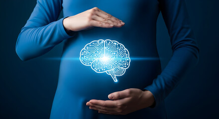 Woman in blue dress cradles a glowing stylized brain symbol representing intellect innovation and cognitive function set against a dark blue background symbolizing intelligence and technology