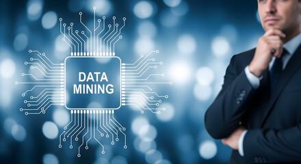 Thoughtful businessman contemplates data mining solutions with a digital circuit board design highlighting data analysis and technology integration for strategic business decisions and innovation