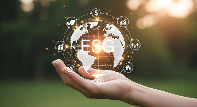 ESG concept visualized with global network and icons held in hand.
