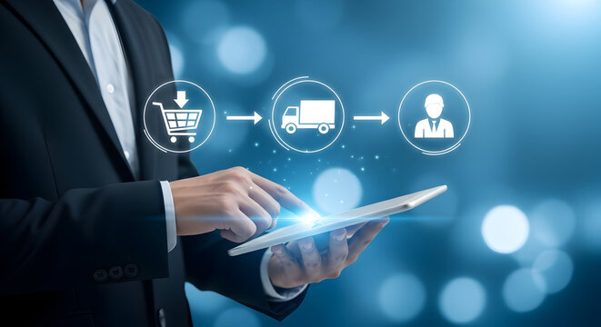 Businessman uses tablet for ecommerce logistics showing shopping cart delivery truck and customer icons representing online retail supply chain management and digital business solutions