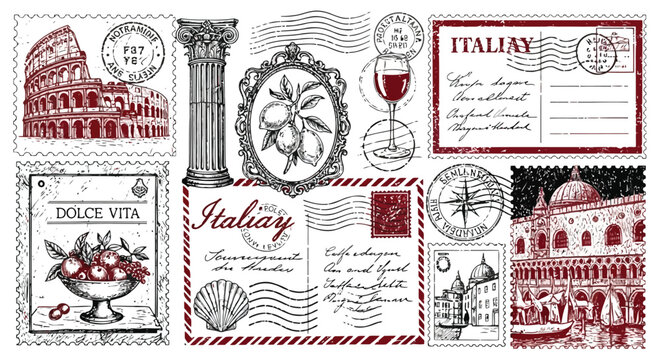 Vintage italythemed postage stamps, postcards, and landmarks in retro design